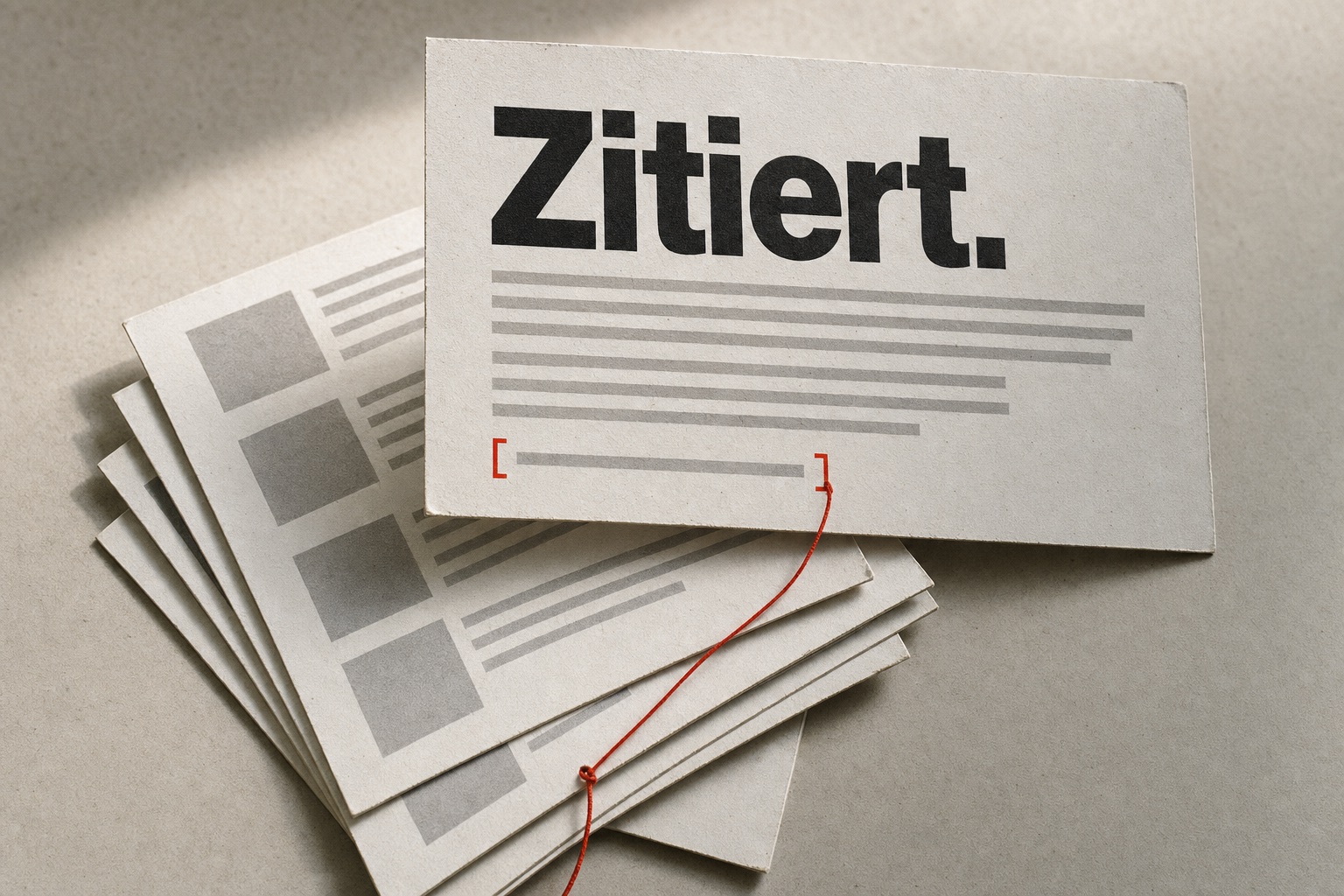 Gedruckte Antwort-Karte mit dem Wort «Zitiert.» liegt auf einem Fächer von Ergebnis-Karten; eine rote Klammer und ein roter Faden markieren die zitierte Quelle.