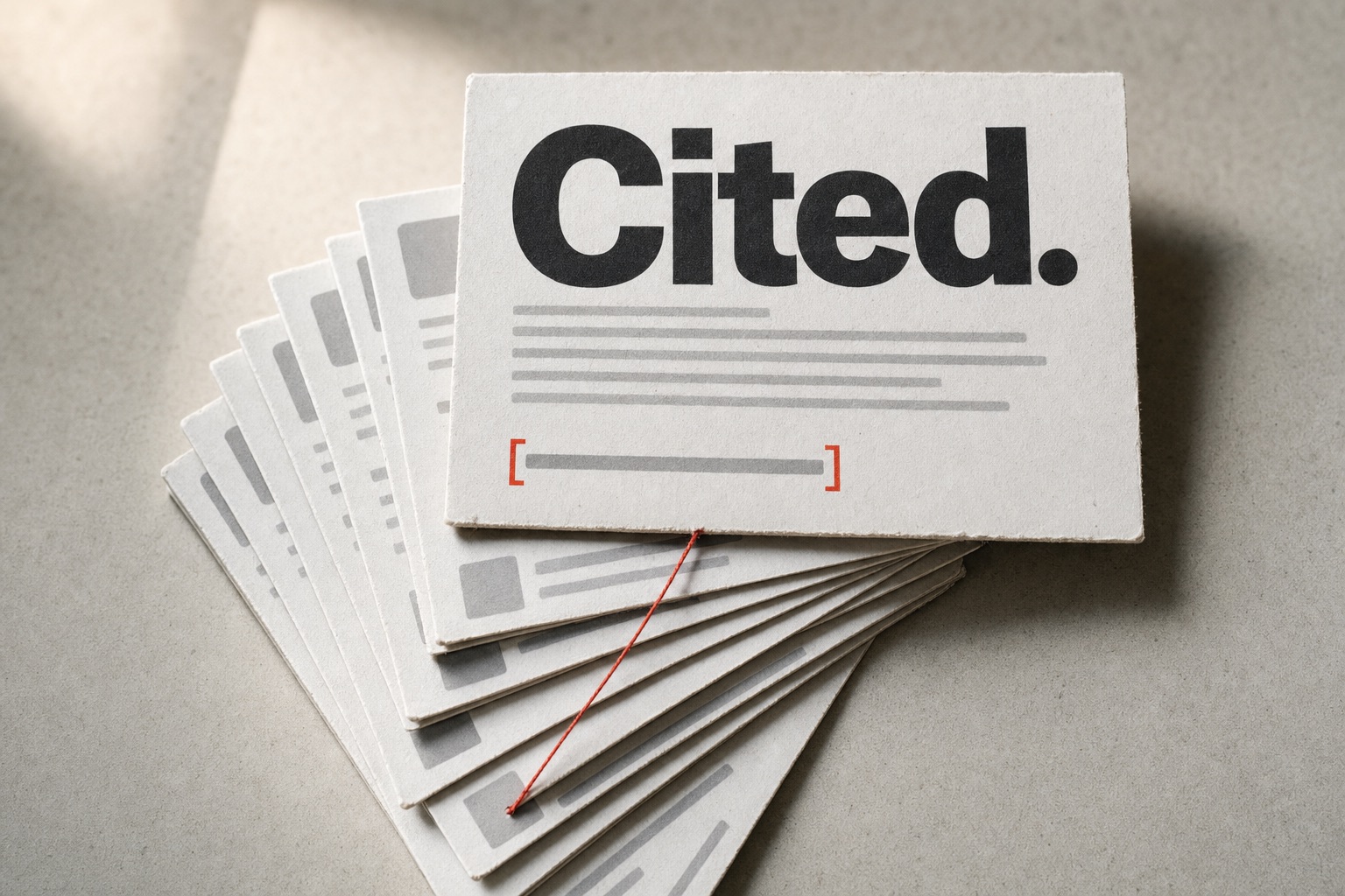 Printed answer card with the word «Cited.» resting on a fan of result cards; a red bracket and a red thread mark the cited source.