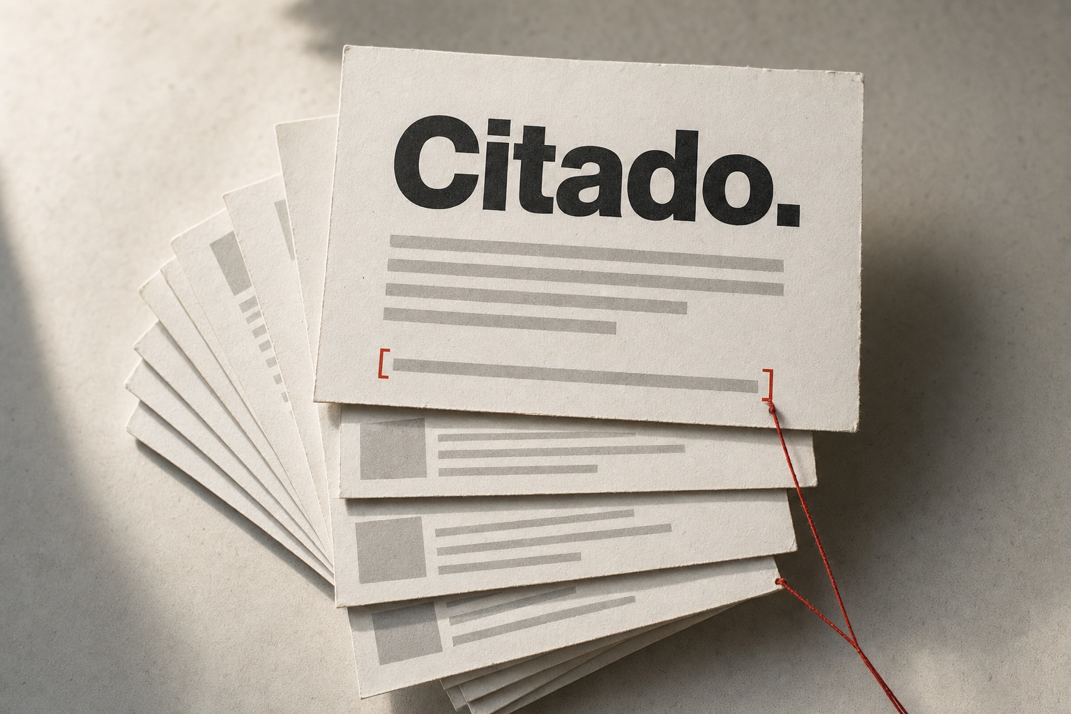 Cartão de resposta impresso com a palavra «Citado.» sobre um leque de cartões de resultado; um colchete vermelho e um fio vermelho marcam a fonte citada.