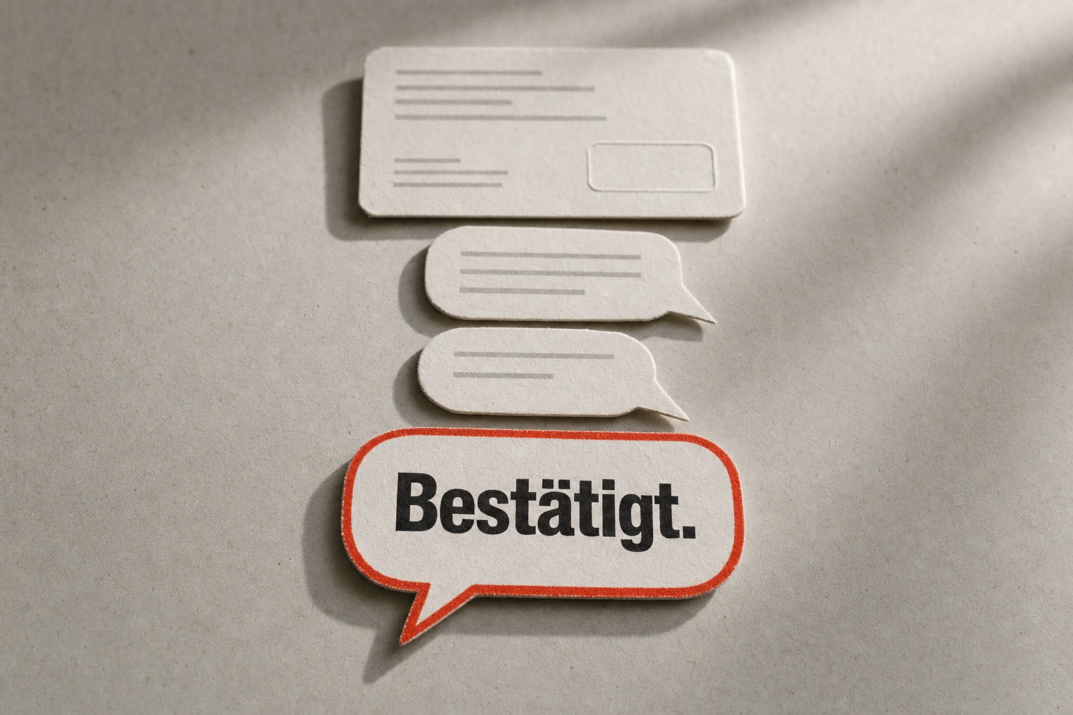 Gedruckte Terminkarte über einer Kette von Papier-Sprechblasen; die letzte Sprechblase trägt das Wort «Bestätigt.» mit zinnoberroter Kante.
