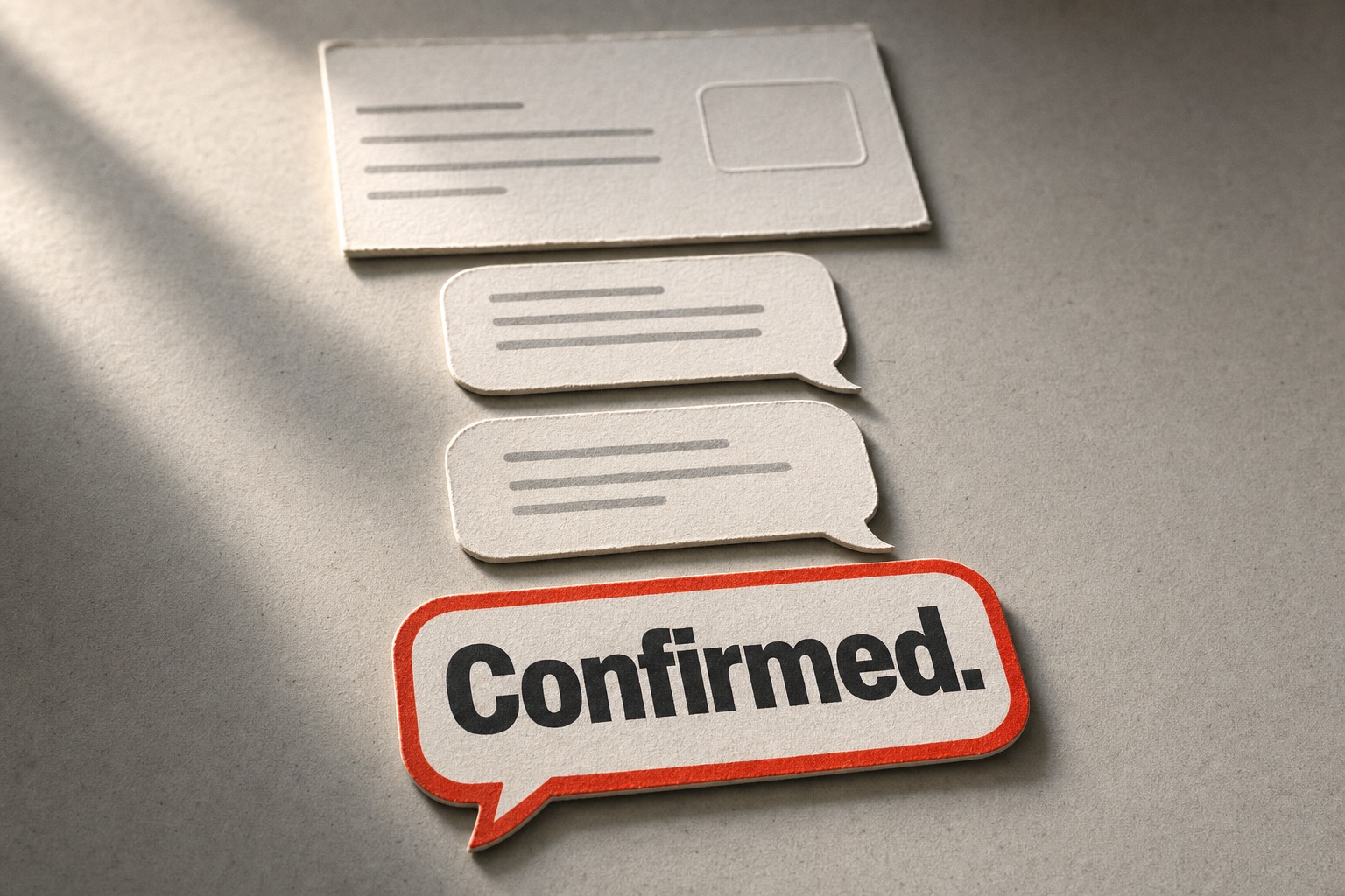 Printed appointment card above a chain of paper speech bubbles; the last bubble carries the word «Confirmed.» with a vermilion edge.