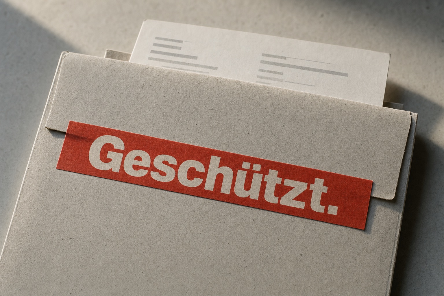 Patientenakte in einer schweren Papierhülle, verschlossen mit einem zinnoberroten Siegelstreifen mit dem Wort «Geschützt.»
