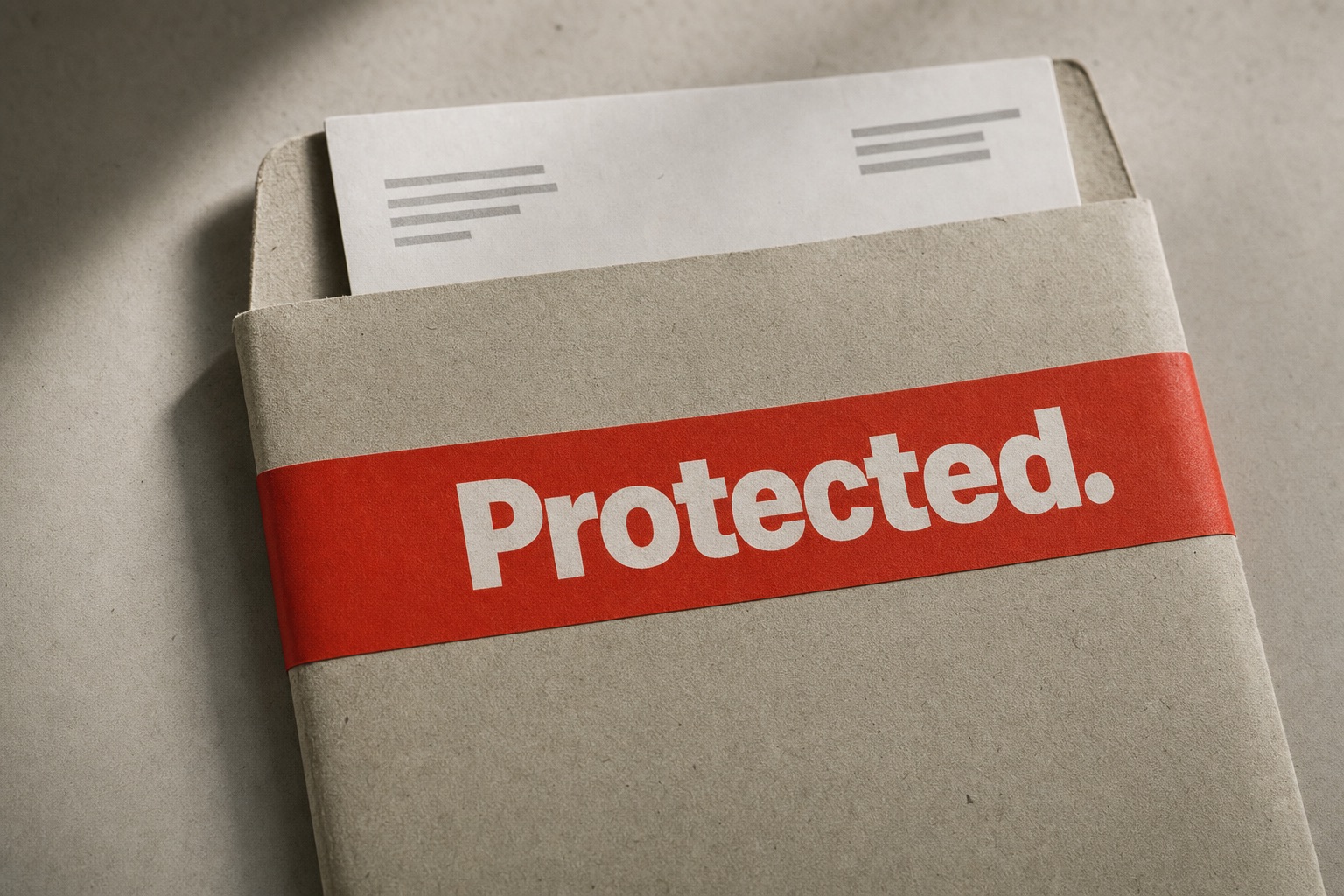Patient record inside a heavy paper sleeve, closed with a vermilion seal strip carrying the word «Protected.»
