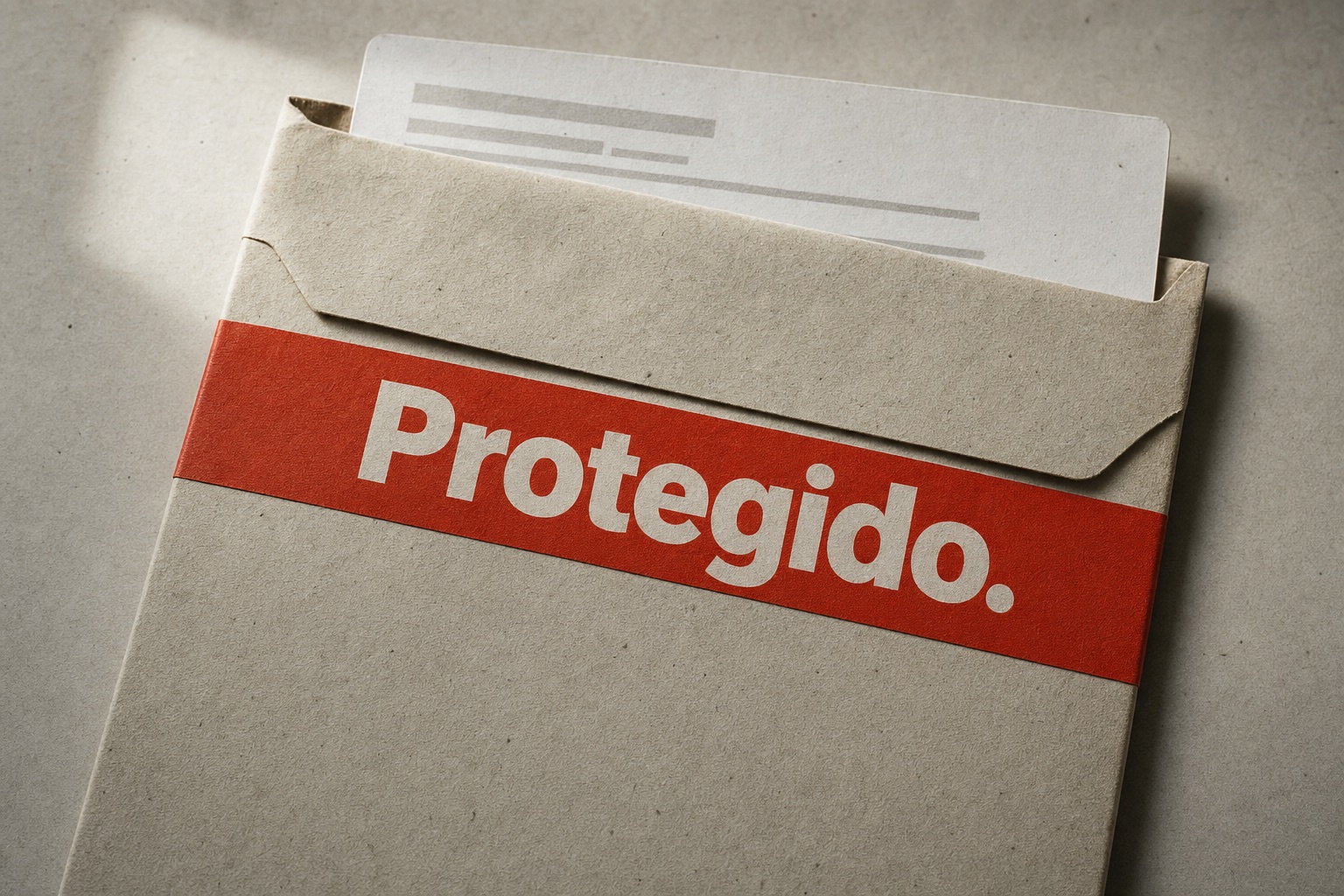 Prontuário de paciente dentro de um envelope de papel pesado, fechado com selo vermelho com a palavra «Protegido.»