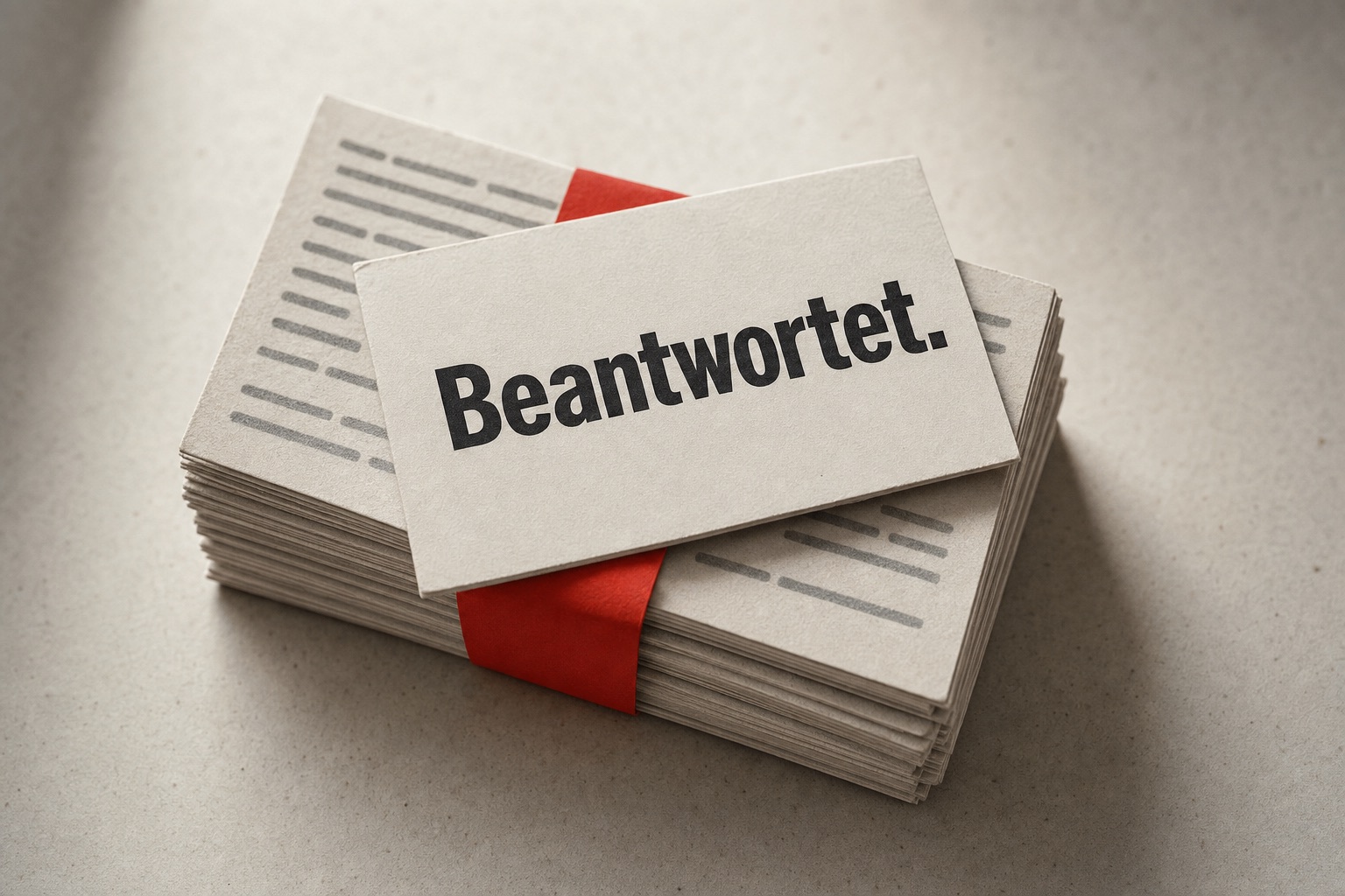Gebündelte Nachrichtenkarten mit zinnoberrotem Papierband; die oberste Karte trägt das Wort «Beantwortet.»