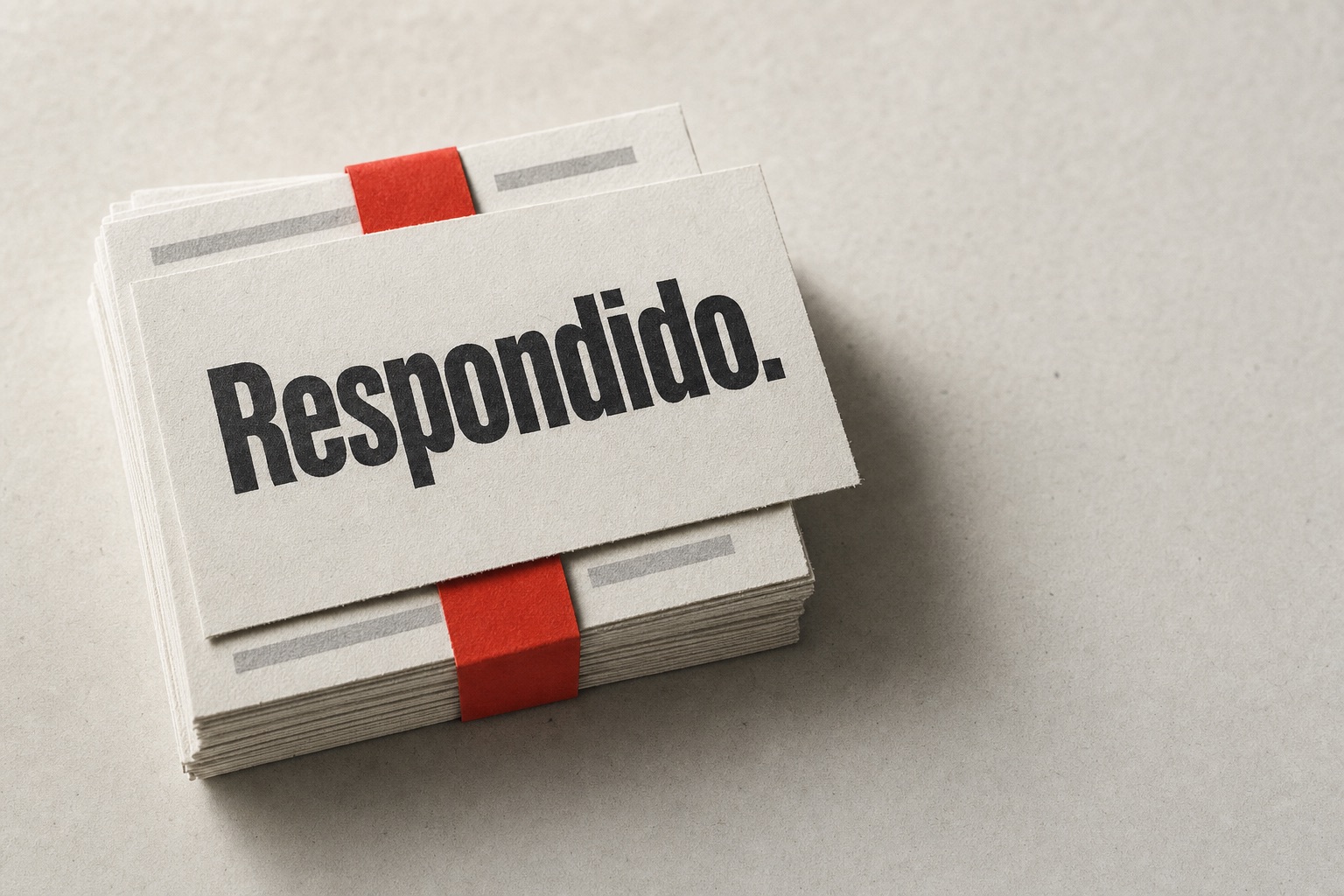 Maço de cartões de mensagem amarrado com fita de papel vermelha; o cartão de cima traz a palavra «Respondido.»
